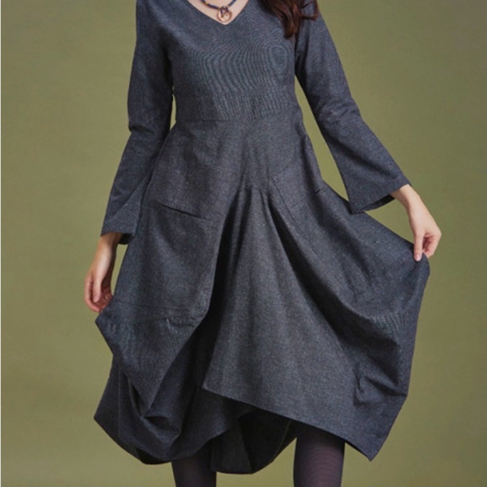 Women's 100% COTTON Boho Style Gray Long-Sleeve V-Neck Cocoon Dress Size S NWT